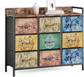 Vintage bedruckte Aufbewahrungskommode mit neun Stoffauszuegen, kompakte Masse 99 x 30 x 84 cm fuer Wohnraeume