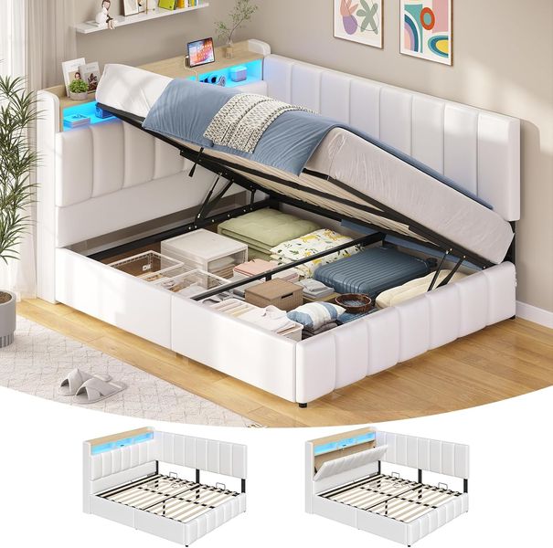 Weisses PU-Polsterboxspringbett fuer Jugendliche mit LED-Beleuchtung, Ladebuchsen, verstecktem Kopfteilstauraum und grossem Bettkasten 140 x 190 cm