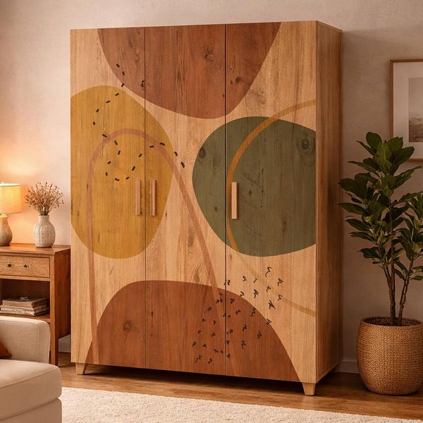 Eichenoptik dreitueriger Garderobenschrank mit grosszuegigem begehbarem Stauraum, Moebelmasse 120 x 48 x 189 cm