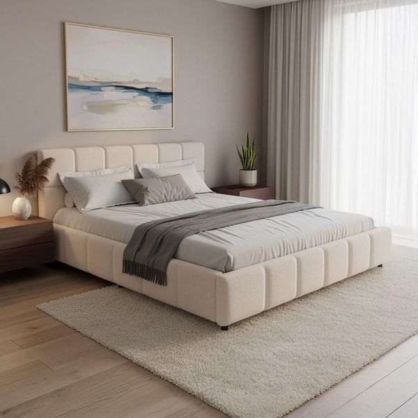 Creme-farbenes Boucle-Polsterbett mit Kopf- und Fussverkleidung, Holz-Metall Hybridrahmen mit Lattenrost und 500 kg Tragfaehigkeit 180 x 200 cm