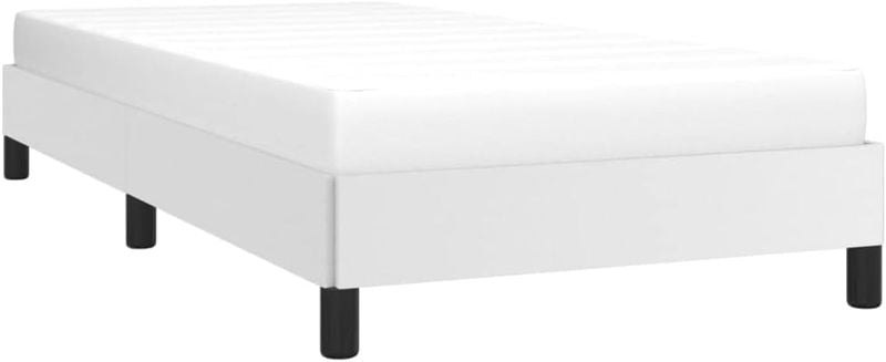 Weisses Einzelbett aus Kunstleder mit Polsterung, Standfuessen und integriertem Lattenrost, kompaktes Schlafzimmermoebel 100 x 200 cm