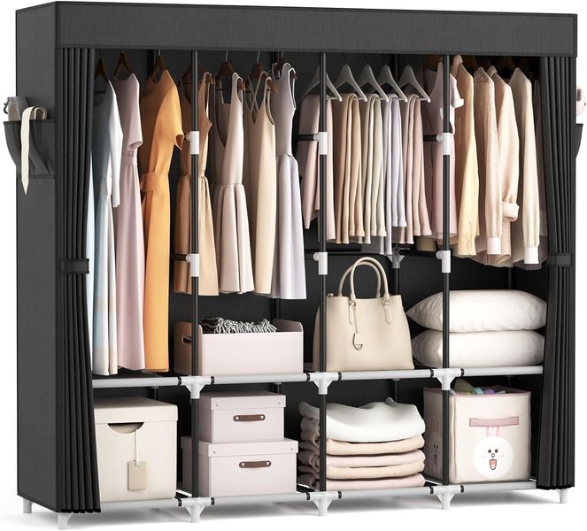 Schwarzer faltbarer Stoffkleiderschrank mit vier Kleiderstangen und Ablageboeden, abgedeckter Stauraum 170 x 45 x 167 cm fuer Keller und Schlafzimmer