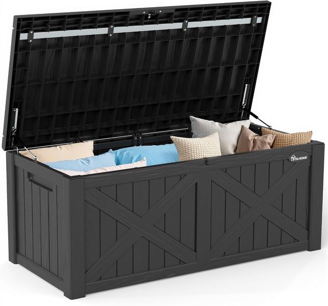 Schwarze wetterfeste Garten-Aufbewahrungsbank mit 450 Liter Fassungsvermoegen und X-foermiger Frontverkleidung, abschliessbar fuer Gartengeraete und Poolutensilien