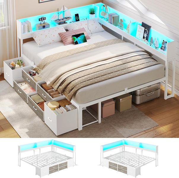 Weisses Tagesbett mit Schlafsofa-Funktion, Buecherregal, sechs Stauraumschubladen, LED-Beleuchtung und Ladeanschluss, Lattenrost 140 x 190 cm