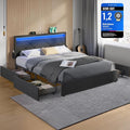 Schiefergraues Metall-Doppelbettgestell fuer 140 x 200 cm Matratzen, verstellbares Polsterkopfteil mit LED, Ladeanschluss und vier Stauraumschubladen