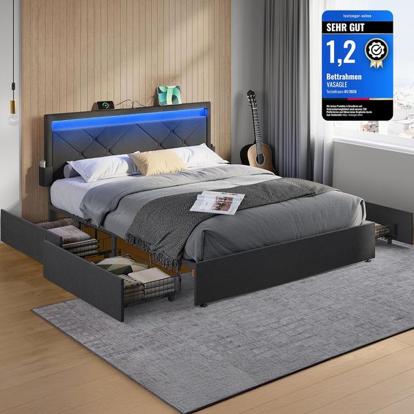 Schiefergraues Metall-Doppelbettgestell fuer 140 x 200 cm Matratzen, verstellbares Polsterkopfteil mit LED, Ladeanschluss und vier Stauraumschubladen