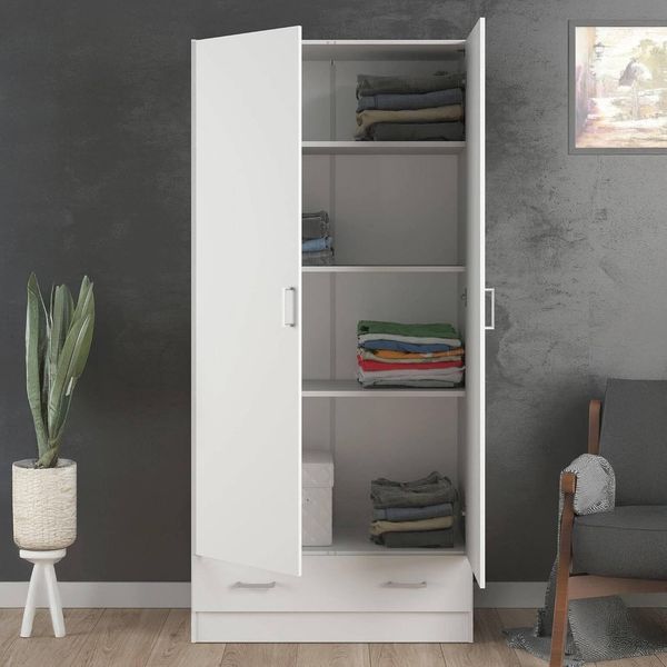 Weisser zweitueriger Kleiderschrank mit begehbarem Stauraumkonzept, Moebelmasse 79 x 36 x 170 cm fuer das Schlafzimmer